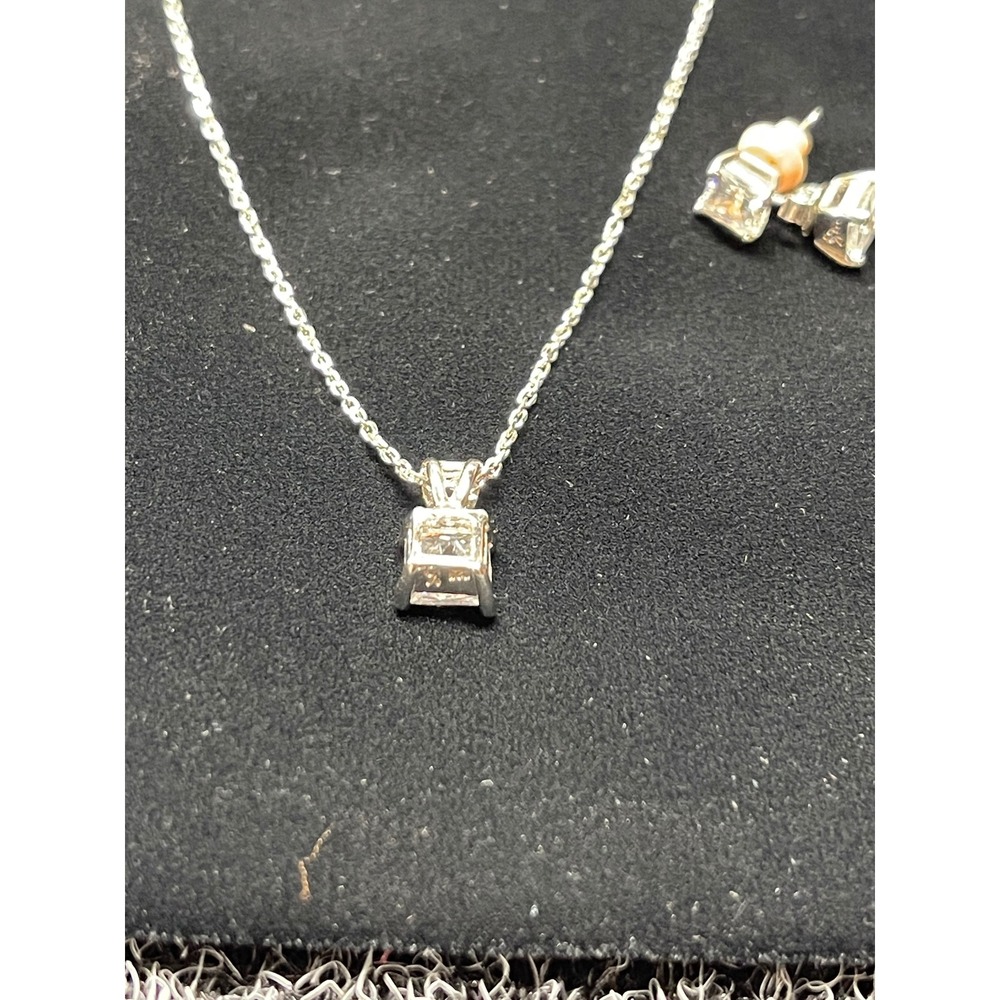 925 Sterling Silver Princess Cut CZ Solitaire Necklace and Stud Earring Set - Picture 5 of 7